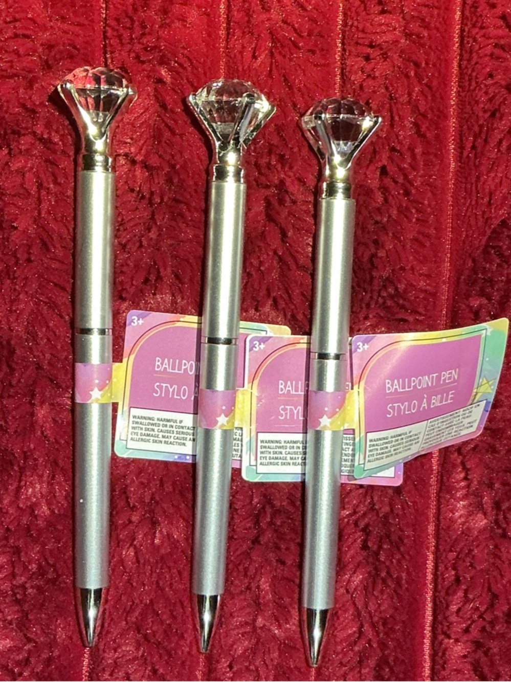 Silver Diamond-Top Ballpoint Pens — Pack of 3